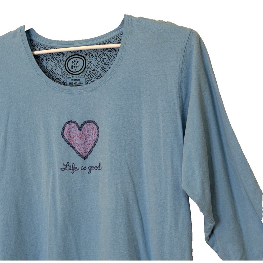 Life is Good T-Shirt Womens Size XXL Blue Heart 3/4 Sleeve Scoop Neck Cotton - Picture 2 of 10